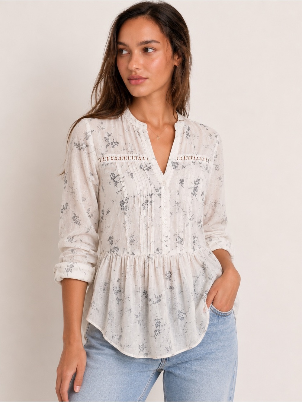Anthropologie Maeve Abella Pintuck Botanic Sketch Crochet Trim Blouse Size 8